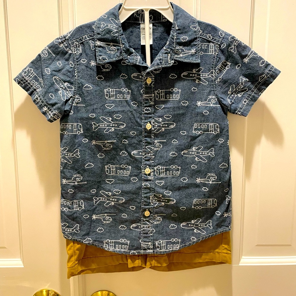 Toddler 2-Piece airplane Button-Front Shirt & Short Set 4T